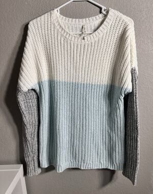 Willow & Clay White/Blue/Gray Colorblock Chunky-Knit Crewneck Sweater Juniors M